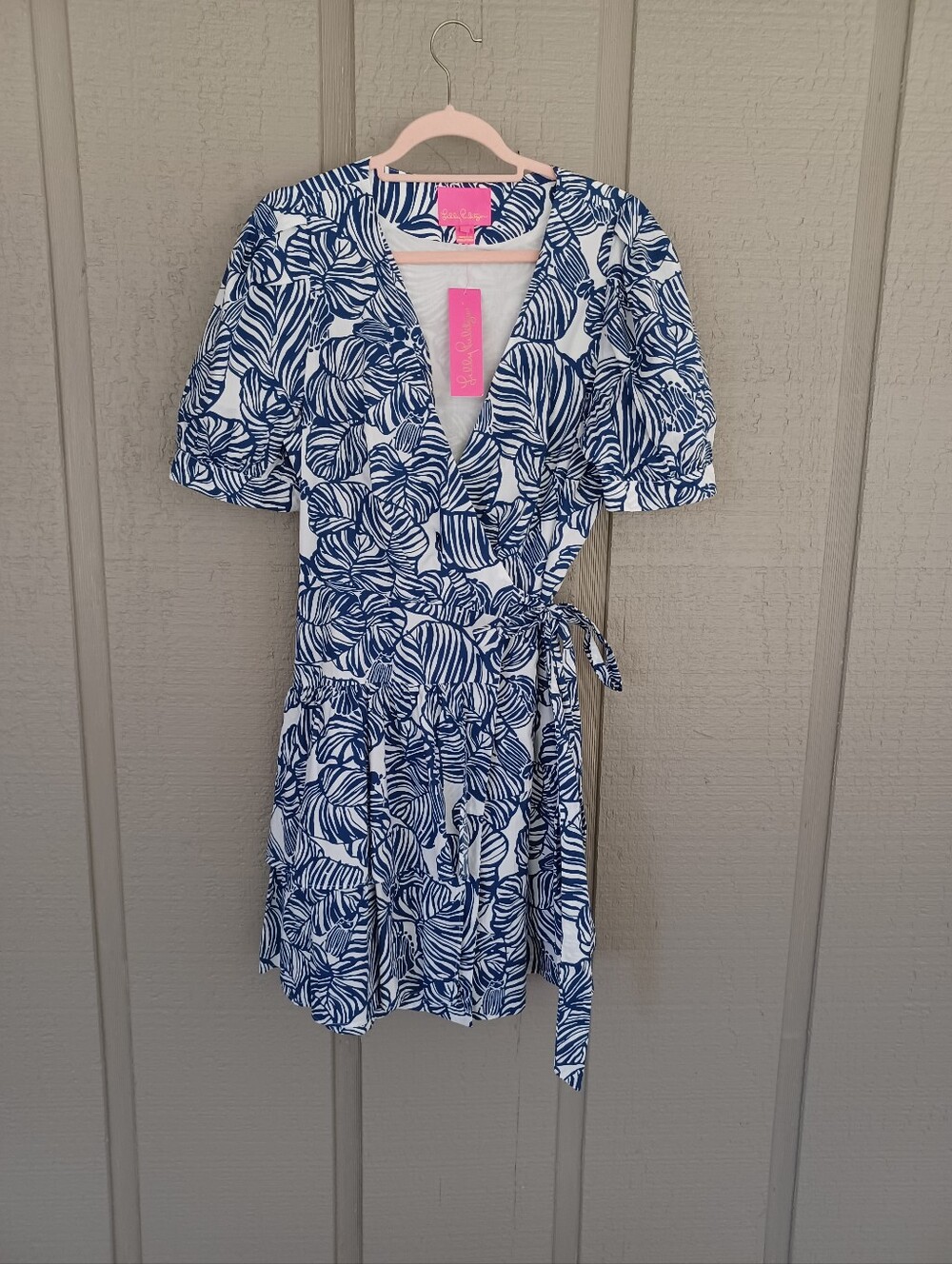 Lilly Pulitzer Alexandria Cotton Wrap‎ Dress Size 14 In Aegean Navy Beach Path